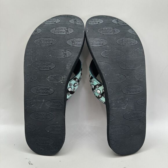 Cowgirl Jewels Rhinestone Turquoise Black Leather Flip Flop Sandals Size 8 - Picture 9 of 9